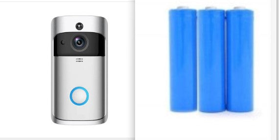Wireless video doorbell camera next to blue batteries for power supply.