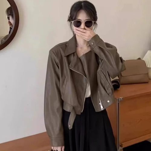 Women Retro Brown PU Leather Jacket Girls Spring Autumn Cropped Moto