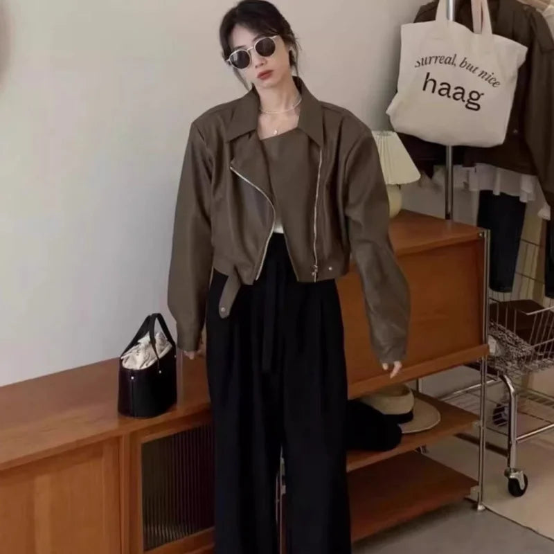 Women Retro Brown PU Leather Jacket Girls Spring Autumn Cropped Moto