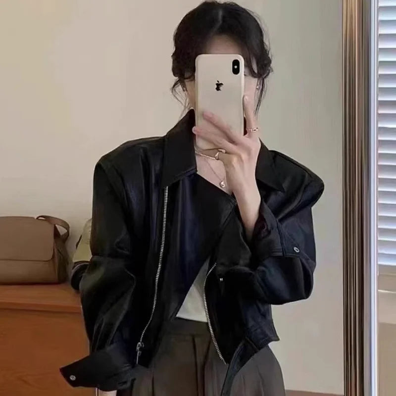 Women Retro Brown PU Leather Jacket Girls Spring Autumn Cropped Moto