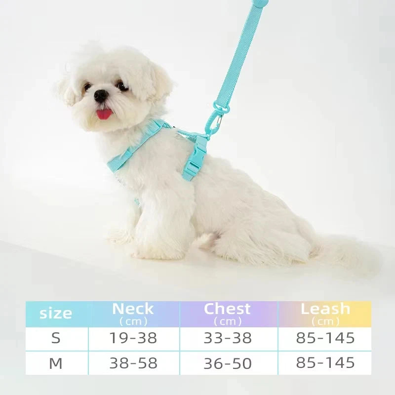 Adjustable Dog Harness Collar Leash Set Macarone Color, Reflective