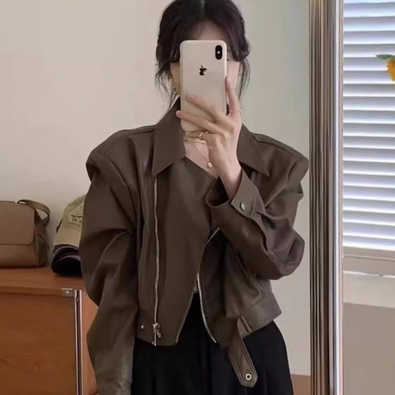 Women Retro Brown PU Leather Jacket Girls Spring Autumn Cropped Moto