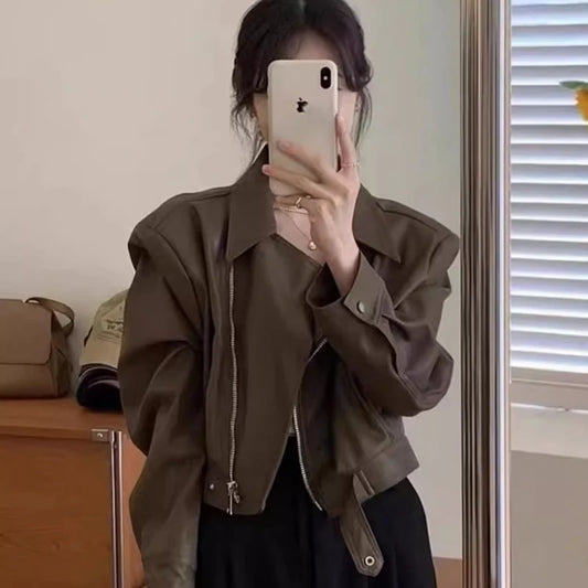 Women Retro Brown PU Leather Jacket Girls Spring Autumn Cropped Moto