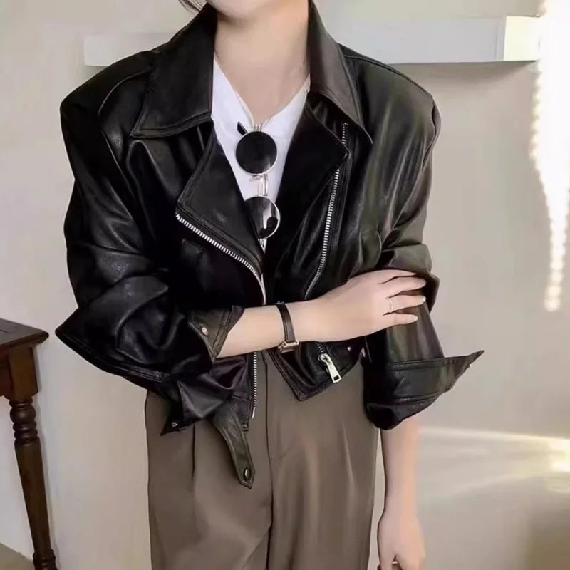 Women Retro Brown PU Leather Jacket Girls Spring Autumn Cropped Moto